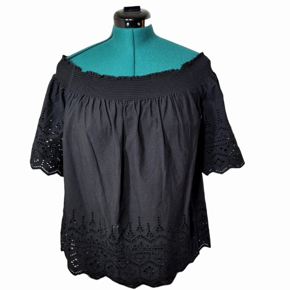 H&M Eyelet Blouse Womens 8 Black Cotton Off Shoulder Smocked Boho Scalloped Top‎
